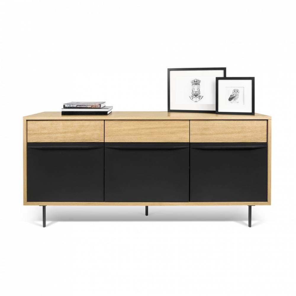 LIME buffet design chêne avec 3 portes laque noir mat pied en acier laqué noir