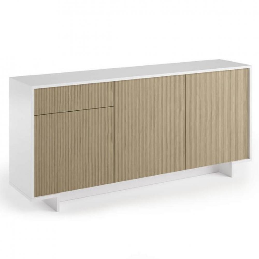 Buffet bas FRIME 3 portes 1 tiroir cadre blanc façade canneté claire 