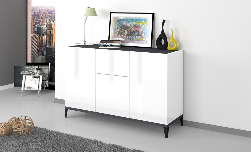 Buffet bas VALIE blanc, gris ardoise 3 portes 1 tiroir