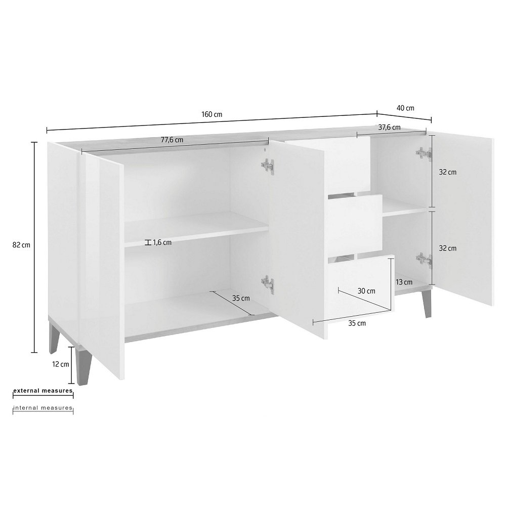 Buffet bas VALIE blanc, gris ardoise 3 portes 3 tiroirs
