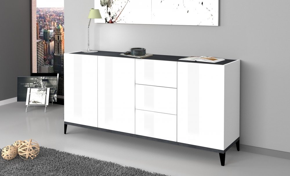 Buffet bas VALIE blanc, gris ardoise 3 portes 3 tiroirs