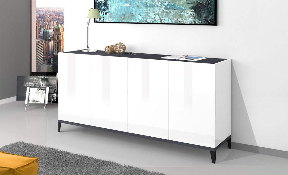 Buffet bas VALIE blanc, gris ardoise 4 portes