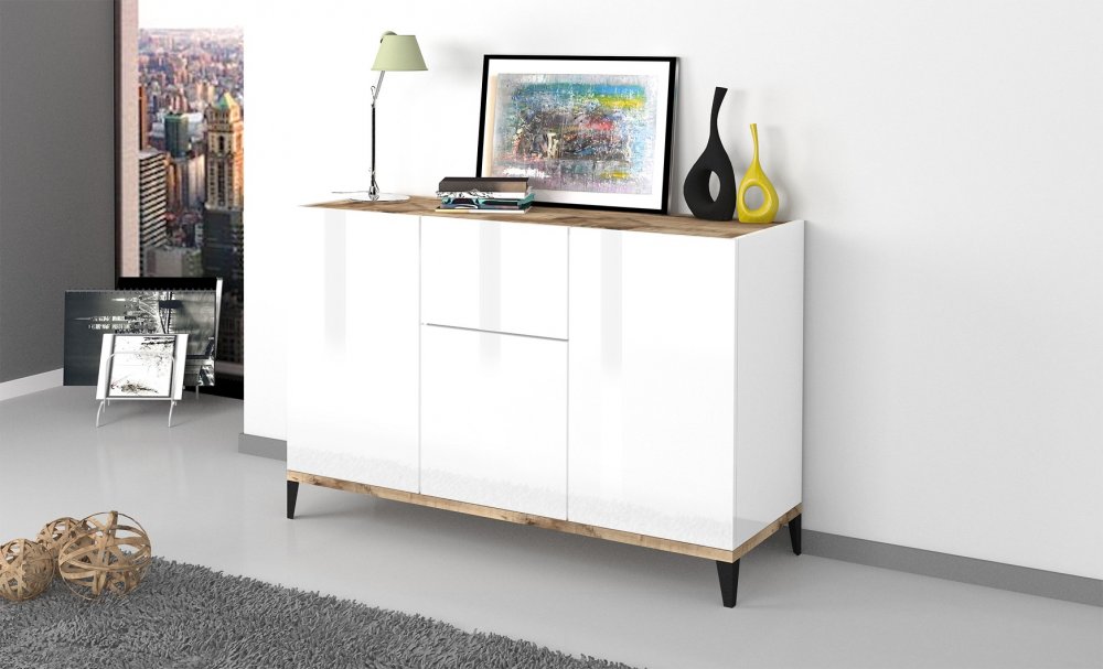 Buffet bas VALIE blanc, érable 3 portes 1 tiroir