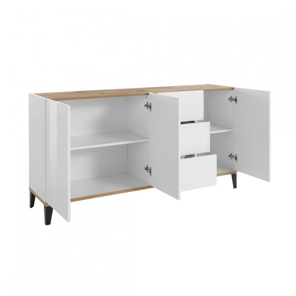 Buffet bas VALIE blanc, érable 3 portes 3 tiroirs