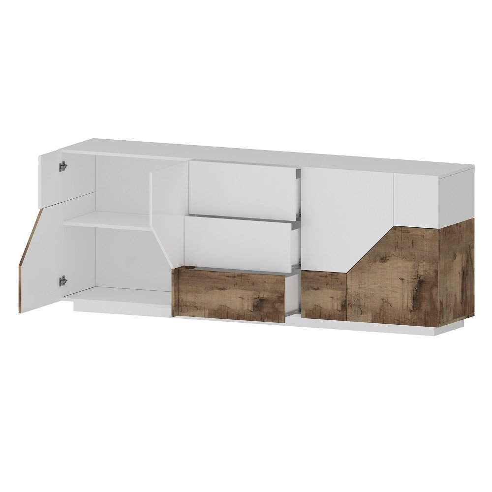 Buffet bas NALIE blanc, érable vintage 4 portes 3 tiroirs