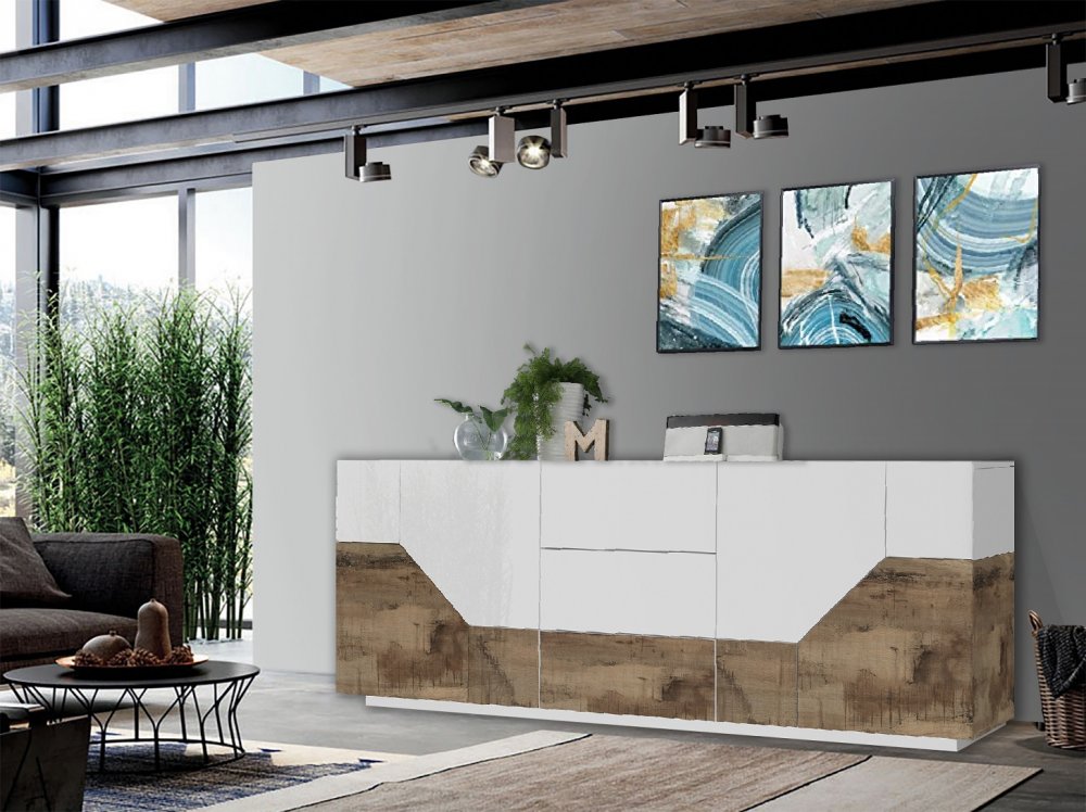 Buffet bas NALIE blanc, érable vintage 4 portes 3 tiroirs