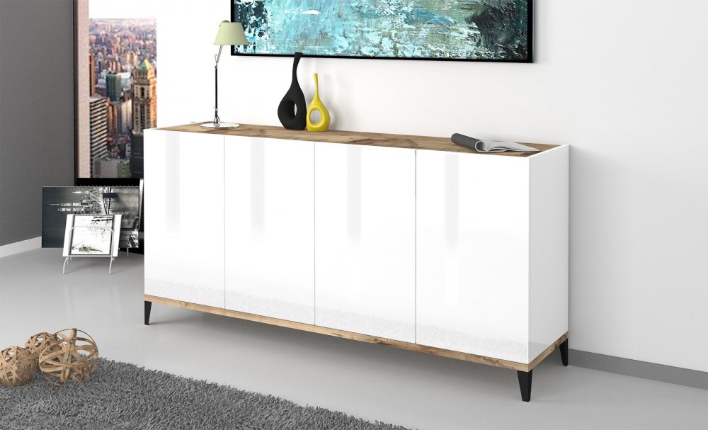 Buffet bas VALIE blanc, érable 4 portes