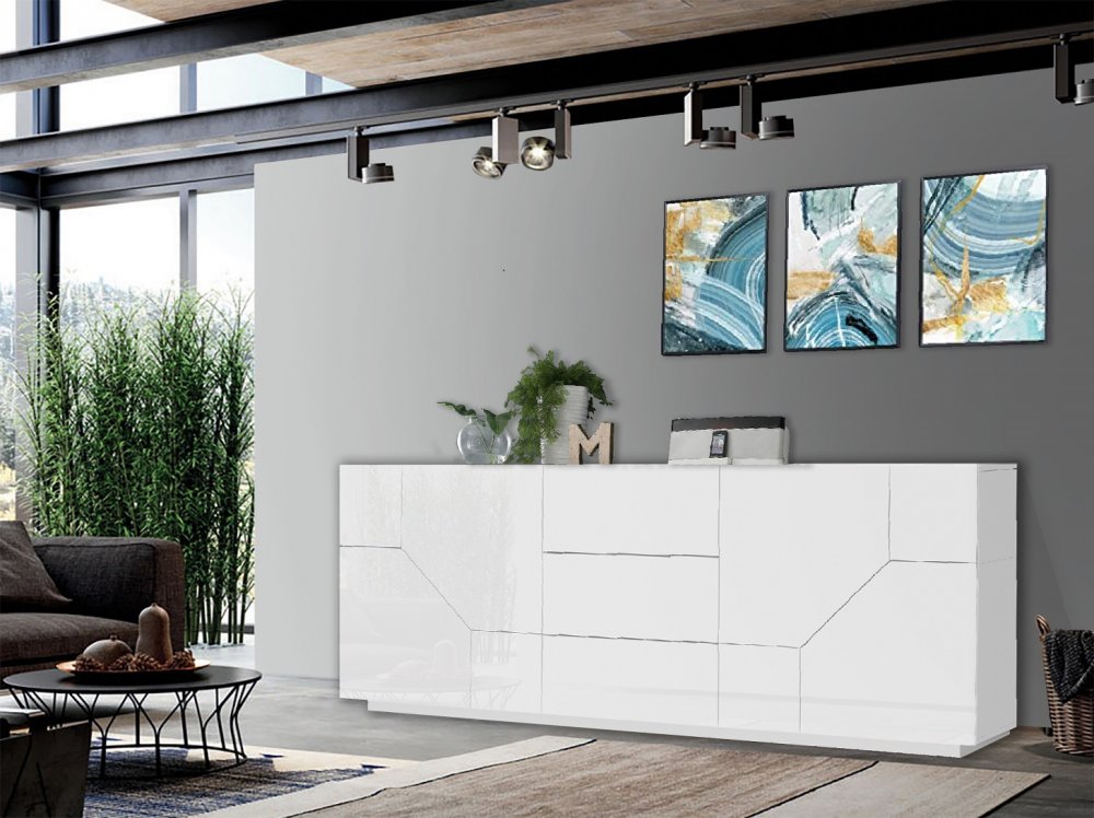 Buffet bas NALIE
blanc laqué brillant  4 portes 3 tiroirs