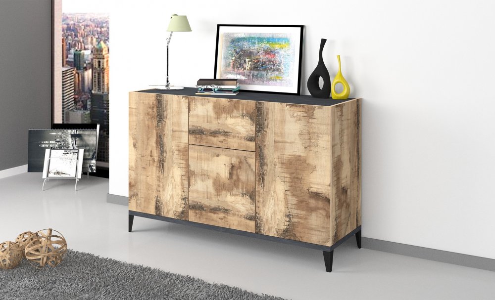 Buffet bas VALIE érable, gris ardoise 3 portes 1 tiroir