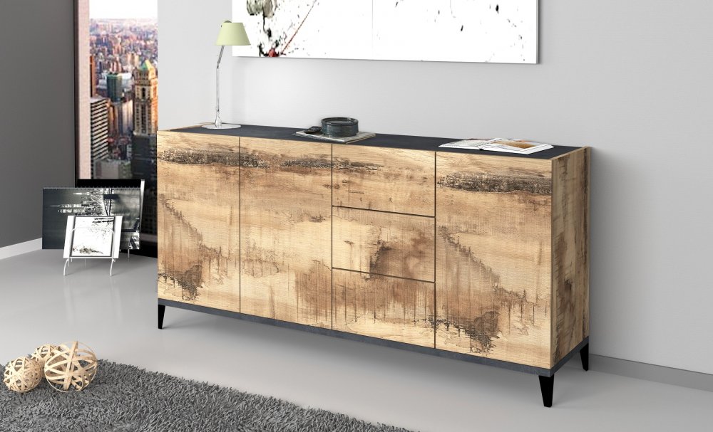 Buffet bas VALIE érable, gris ardoise 3 portes 3 tiroirs