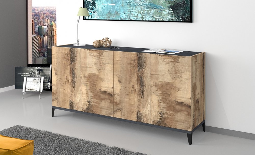 Buffet bas VALIE érable, gris ardoise 4 portes