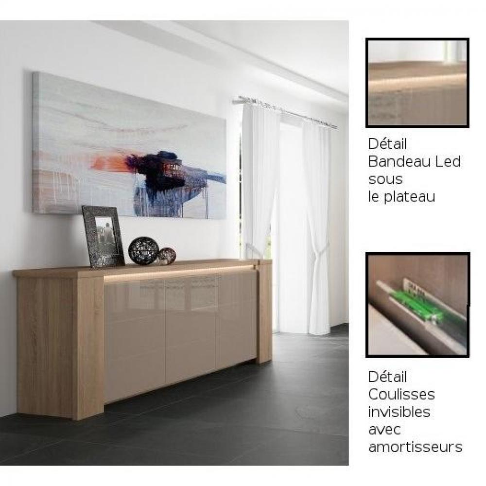 DERBY Buffet enfilade 3 portes en chêne taupe porte en verre taupe éclairage led inclus