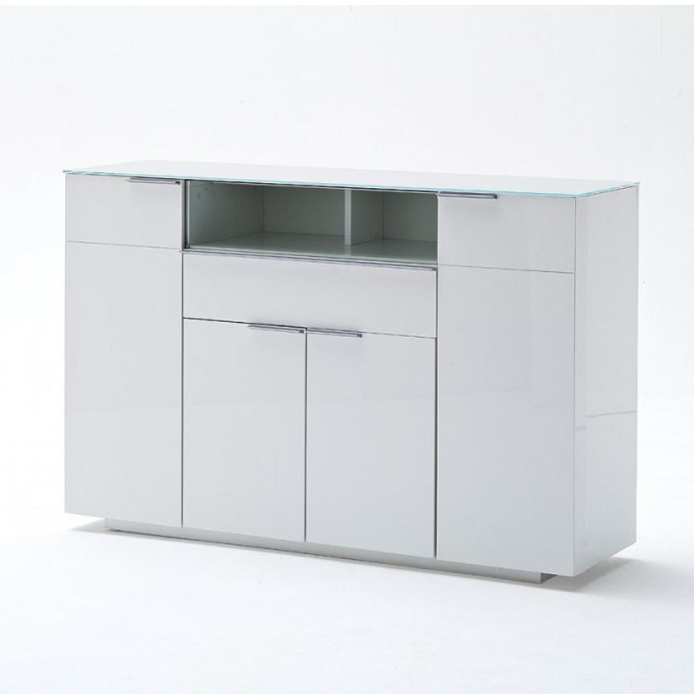 Buffet CAMBRIDGE laqué blanc brillant plateau en verre blanc 4 portes 1 tiroir