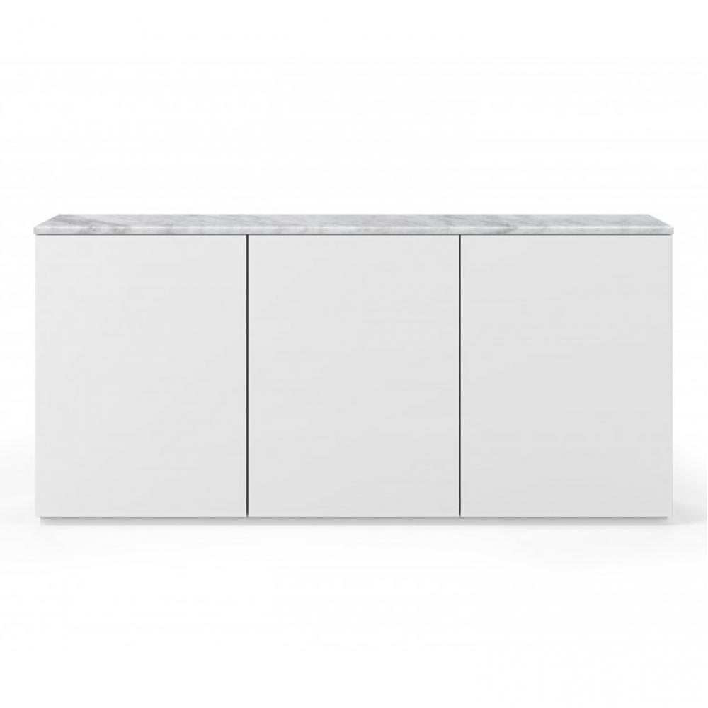 Buffet WHITY blanc mat 180cm 3 portes Plateau en Marbre blanc