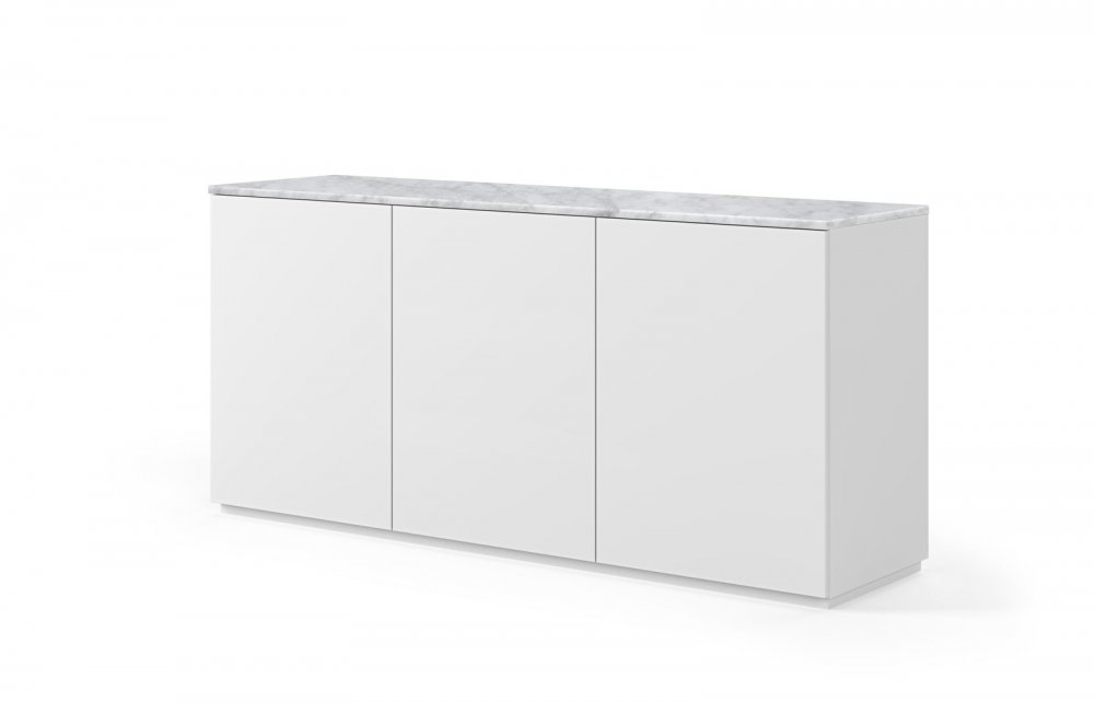 Buffet WHITY blanc mat 180cm 3 portes Plateau en Marbre blanc