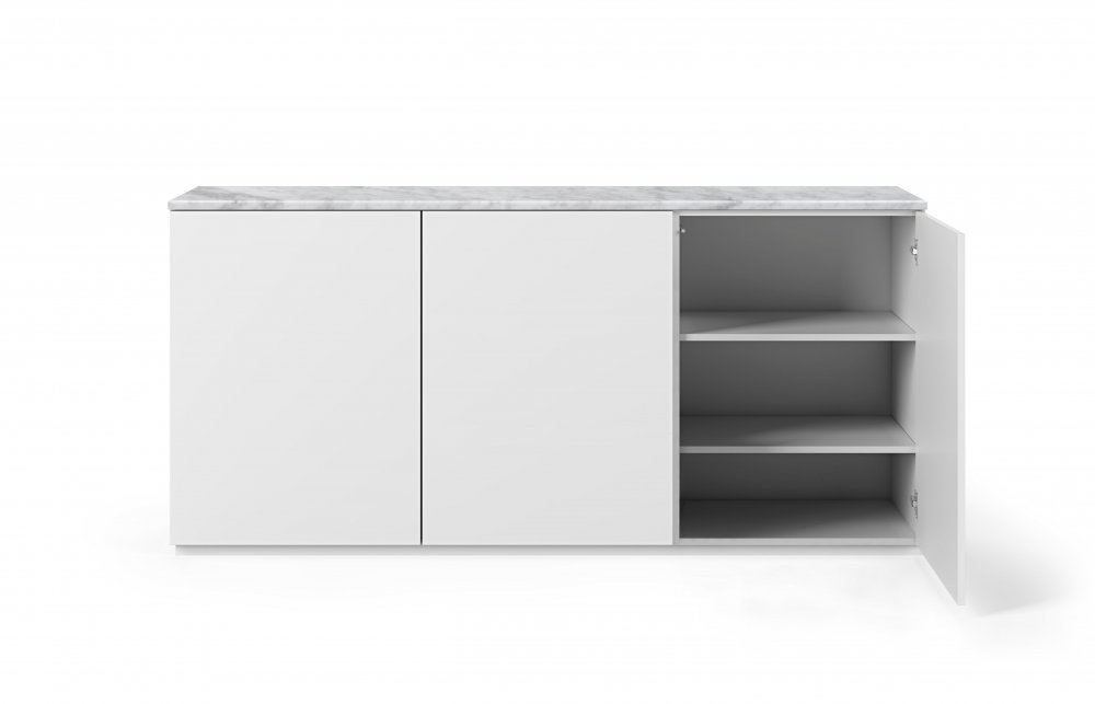 Buffet WHITY blanc mat 180cm 3 portes Plateau en Marbre blanc
