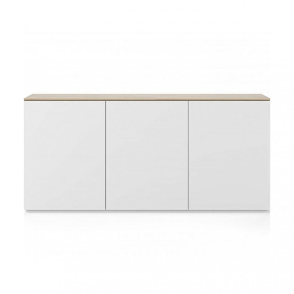 Buffet WHITY blanc mat 180cm 3 portes Plateau en bois de chêne clair