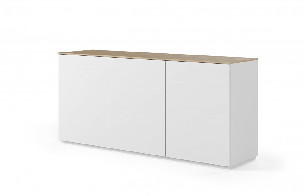 Buffet WHITY blanc mat 180cm 3 portes Plateau en bois de chêne clair