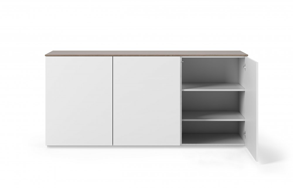 Buffet WHITY blanc mat 180cm 3 portes Plateau noyer