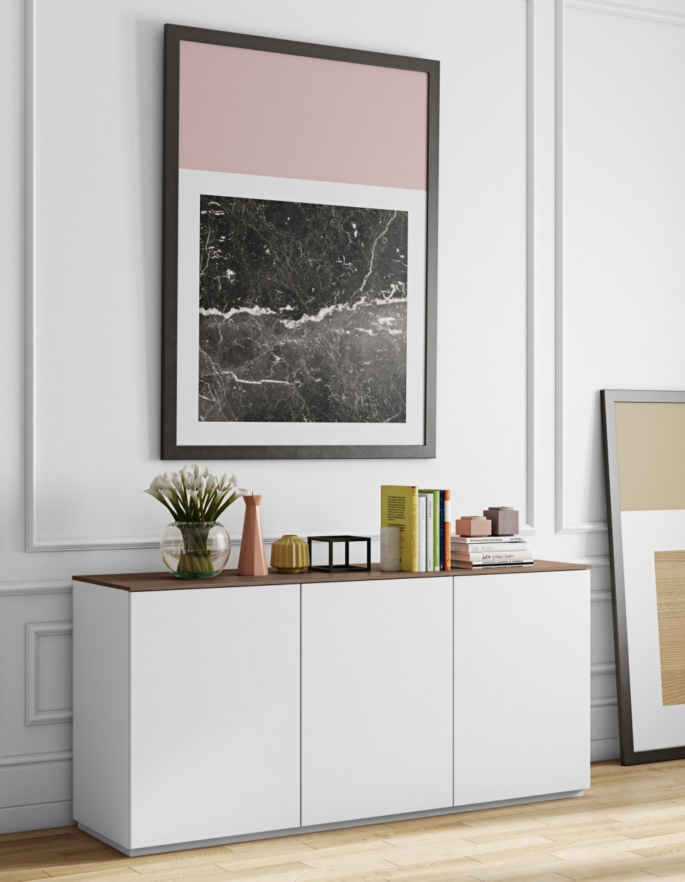 Buffet WHITY blanc mat 180cm 3 portes Plateau noyer