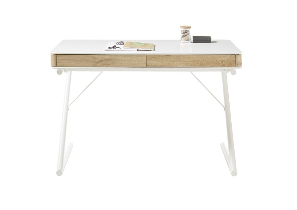 Bureau BURGAU laqué blanc mat / chêne 2 tiroirs