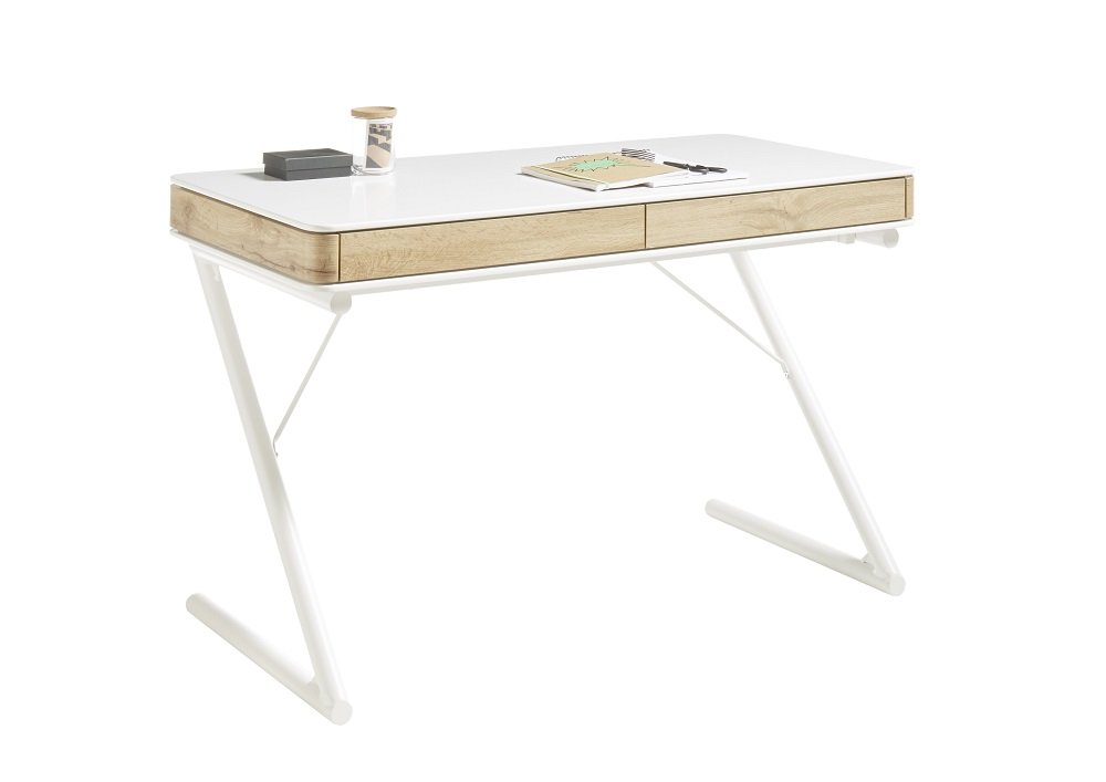 Bureau BURGAU laqué blanc mat / chêne 2 tiroirs
