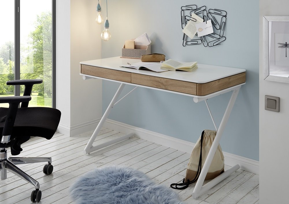 Bureau BURGAU laqué blanc mat / chêne 2 tiroirs