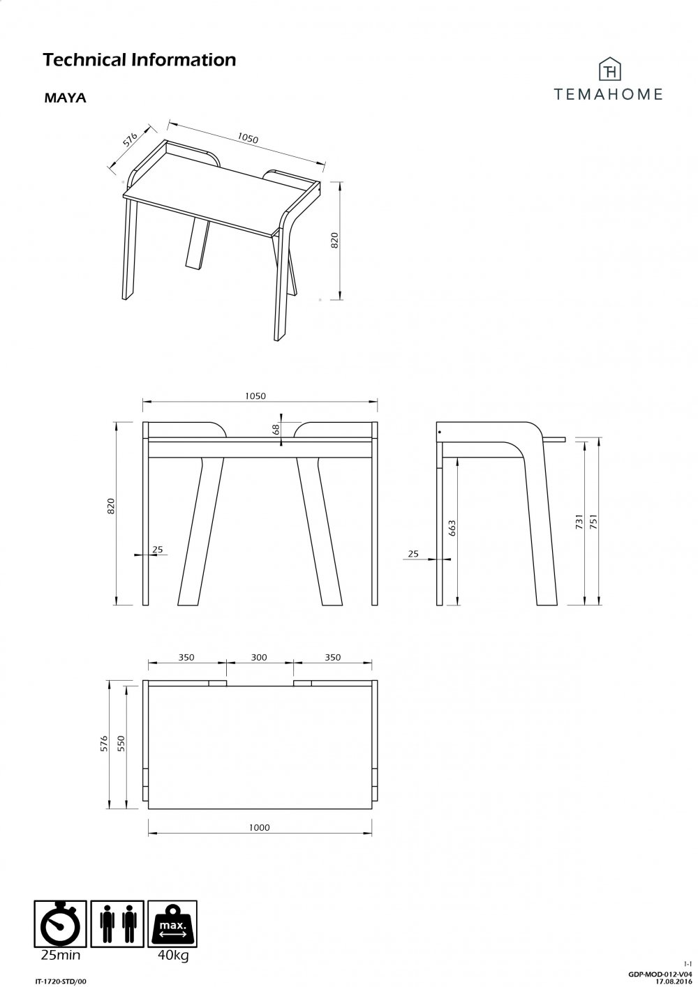 Bureau design MAYA plateau noyer avec piétement noir