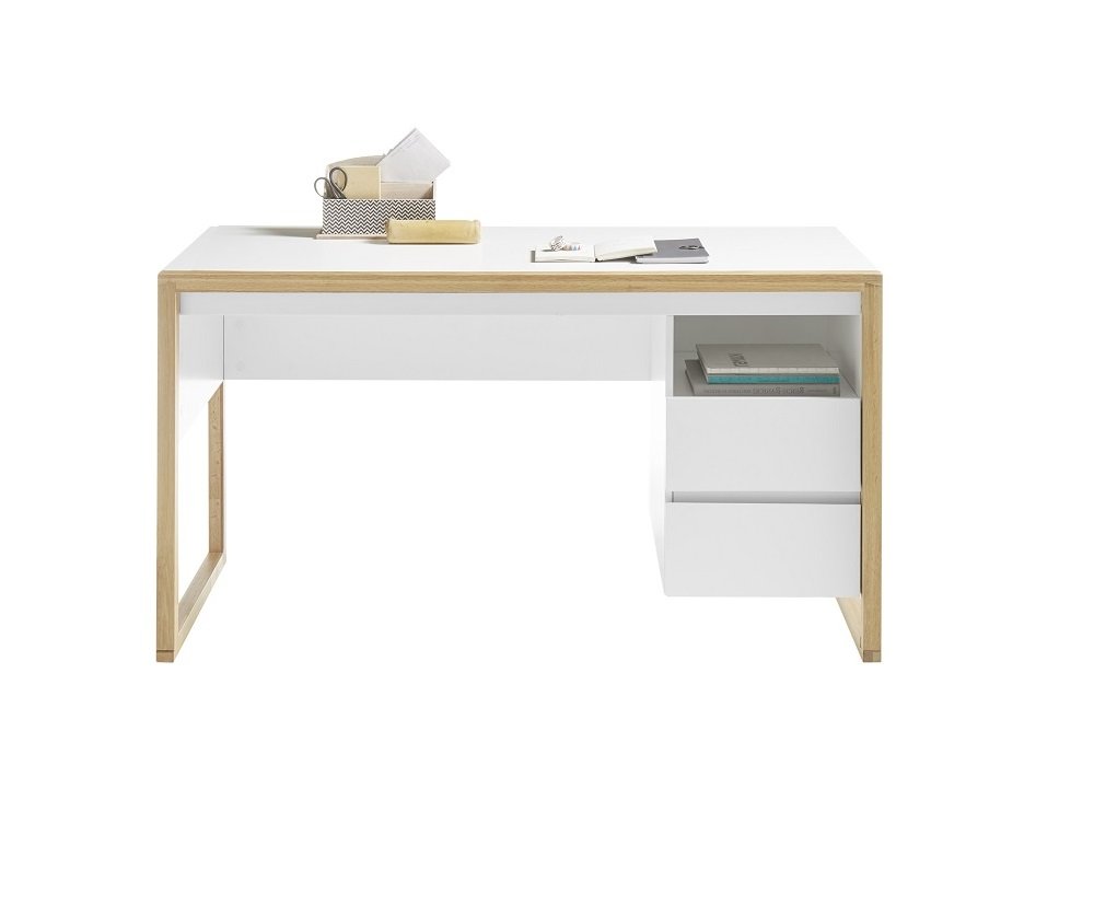 Bureau design FELIX 2 tiroirs blanc structure mélaminé chêne