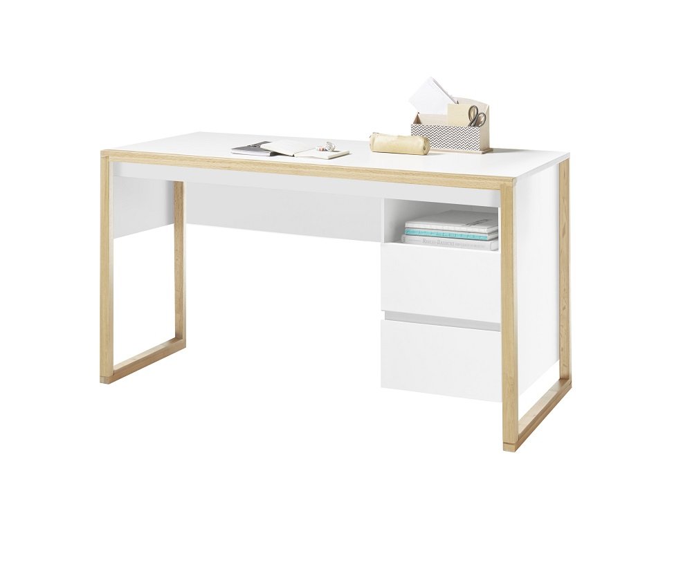 Bureau design FELIX 2 tiroirs blanc structure mélaminé chêne