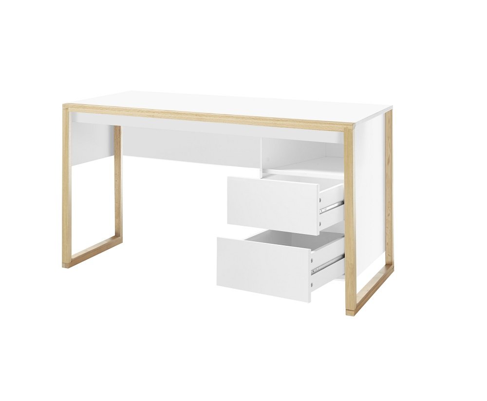 Bureau design FELIX 2 tiroirs blanc structure mélaminé chêne