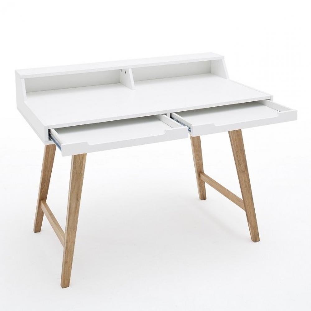 Bureau style scandinave THEA blanc et hêtre 2 tiroirs 2 niches