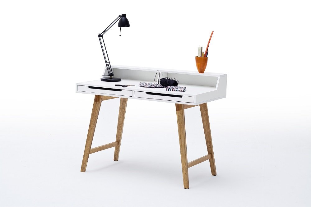 Bureau style scandinave THEA blanc et hêtre 2 tiroirs 2 niches