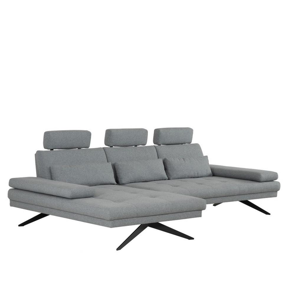 Canapé angle FERNIE double profondeur méridienne gauche têtière tissu gris 296 x 179 cm