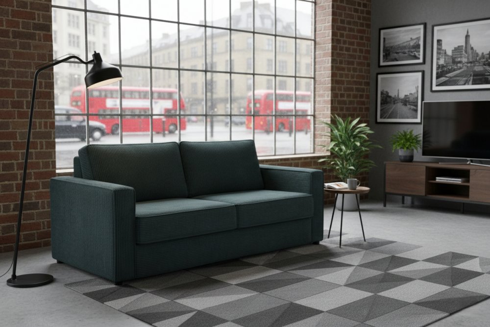 Canapé convertible express 140 OSCAR dossier moelleux matelas 14cm velours côtelé azur