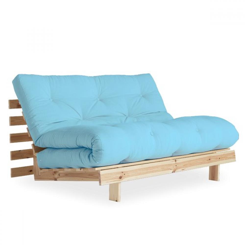 Canapé convertible futon ROOTS pin naturel coloris bleu clair couchage 140*200 cm.