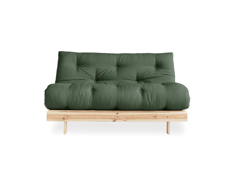 Canapé convertible futon ROOTS pin naturel coloris vert olive couchage 140*200 cm.