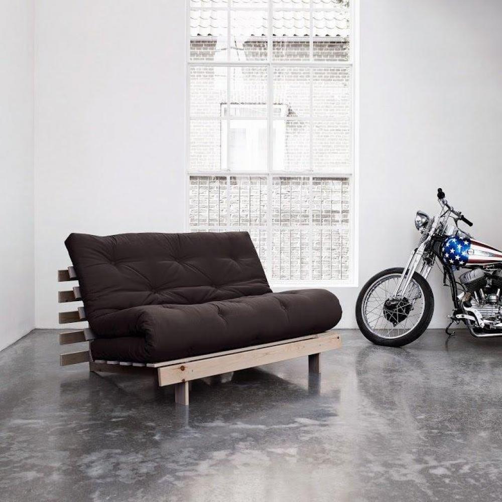 Canapé convertible futon ROOTS pin naturel coloris gris foncé couchage 160x200 cm