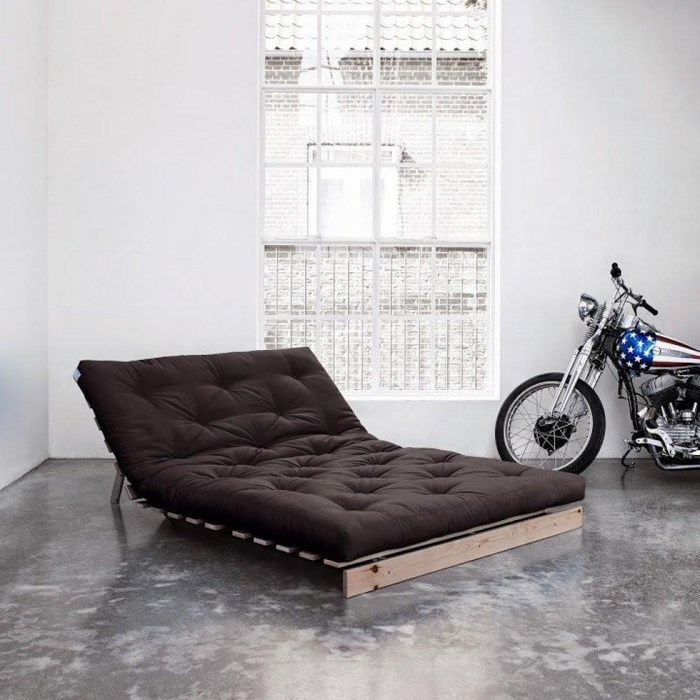 Canapé convertible futon ROOTS pin naturel coloris gris foncé couchage 160x200 cm