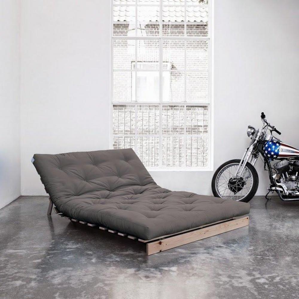 Canapé convertible futon ROOTS pin naturel tissu gris couchage 160x200 cm