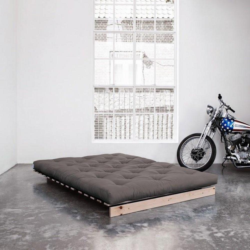 Canapé convertible futon ROOTS pin naturel tissu gris couchage 160x200 cm