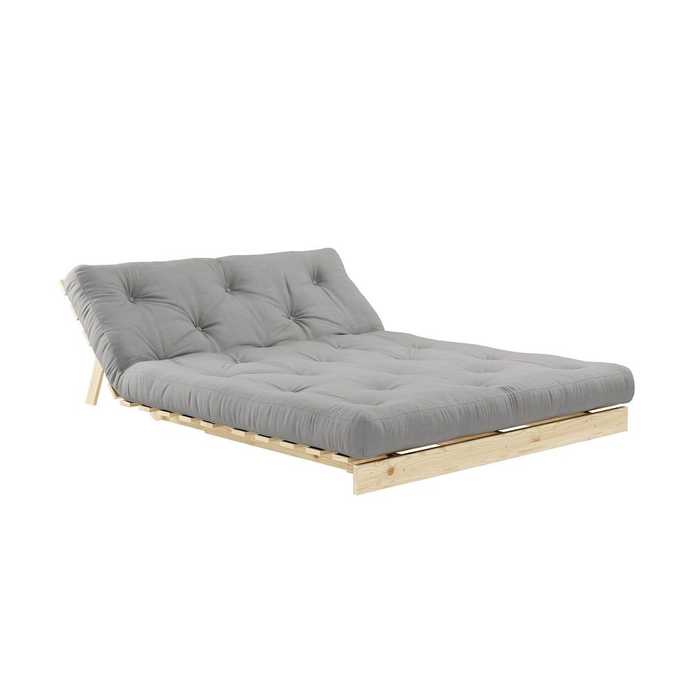 Canapé convertible futon ROOTS pin naturel tissu gris couchage 160x200 cm