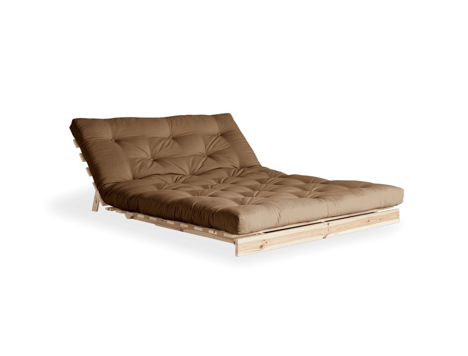 Canapé convertible futon ROOTS pin naturel tissu mocca couchage 160x200 cm