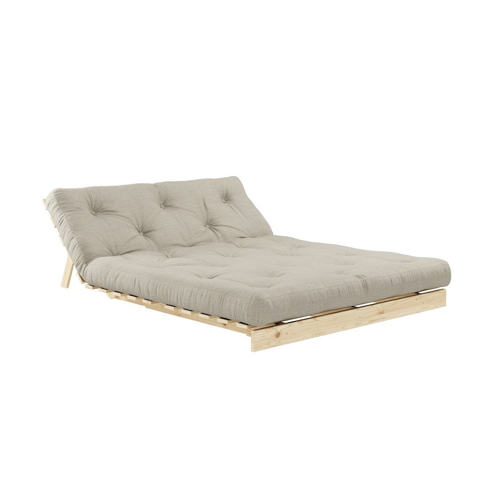 Canapé convertible futon ROOTS pin naturel tissu Lin couchage 160x200 cm
