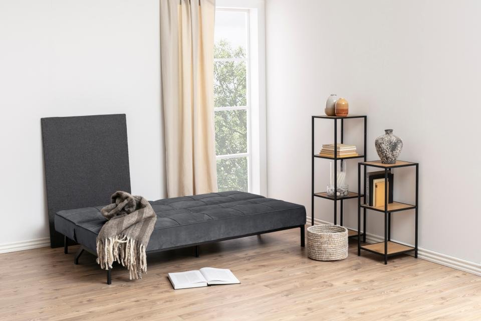 Canapé convertible PEARL en velours gris sombre piétement noir mat