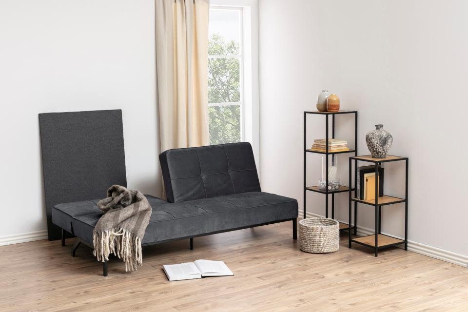 Canapé convertible PEARL en velours gris sombre piétement noir mat