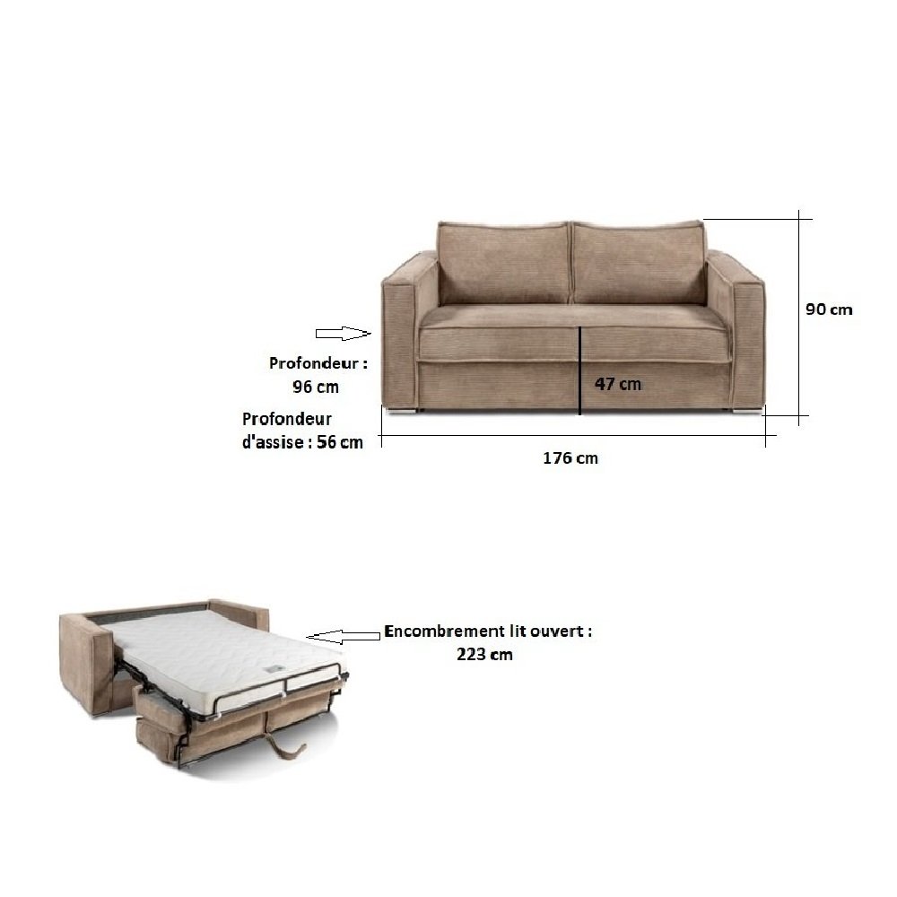 Canapé convertible express 140 ANTIBES matelas mémory 22cm sommier métal velours côtelé beige