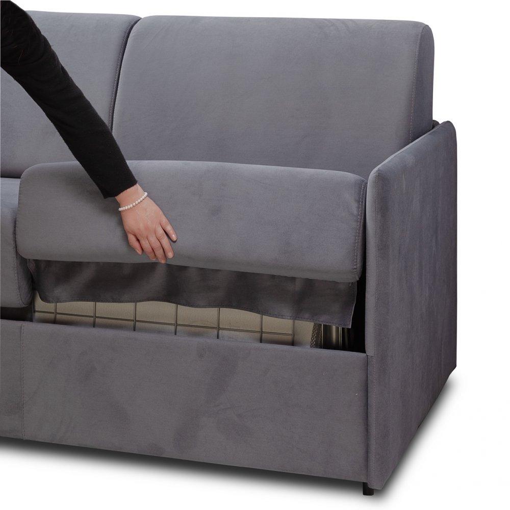Canapé lit express COLOSSE couchage 120 cm matelas épaisseur 22 cm à mémoire de forme velours gris bleu
