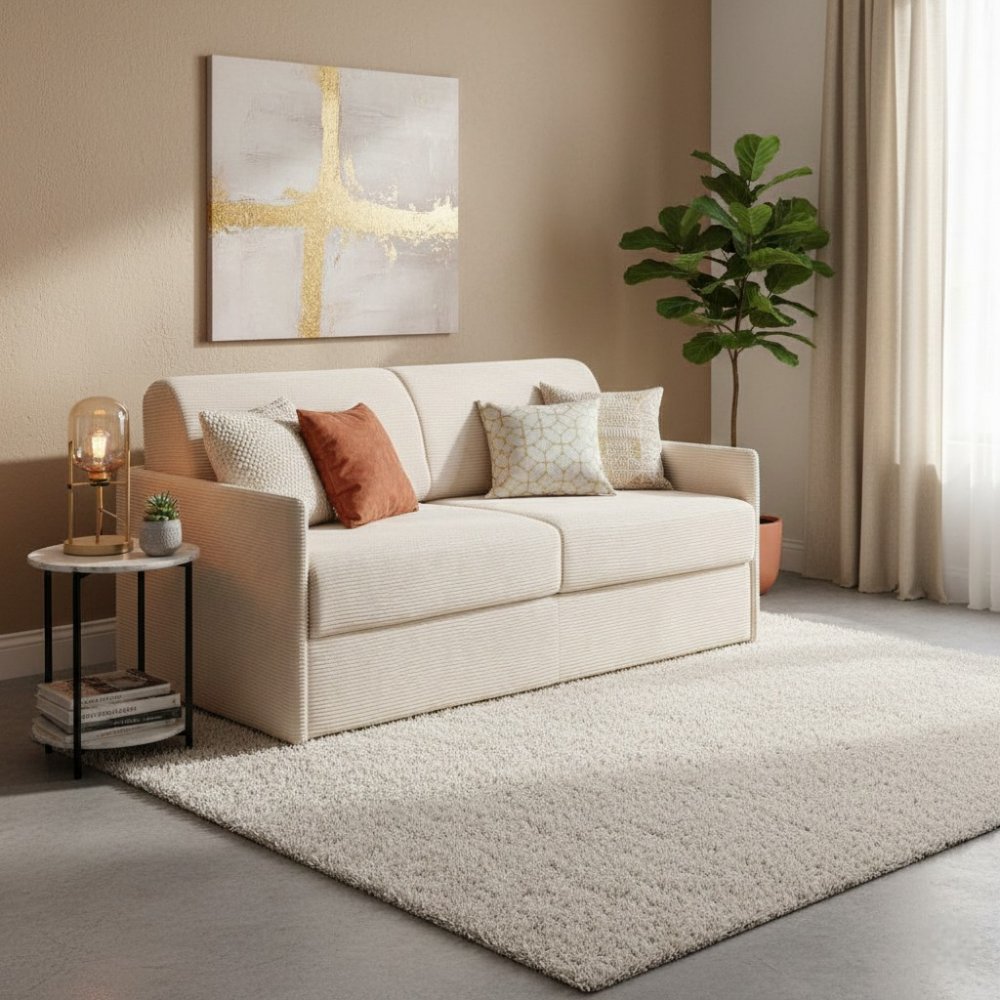 Canapé lit express COLOSSE 140 cm matelas 22 cm à mémoire de forme velours Côtelé beige