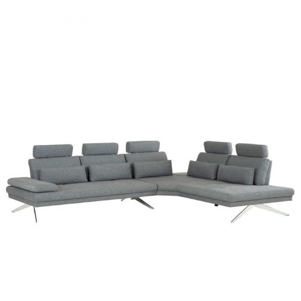 Canapé grand angle FERNIE double profondeur retour droit têtières tissu gris 305 x 240 cm
